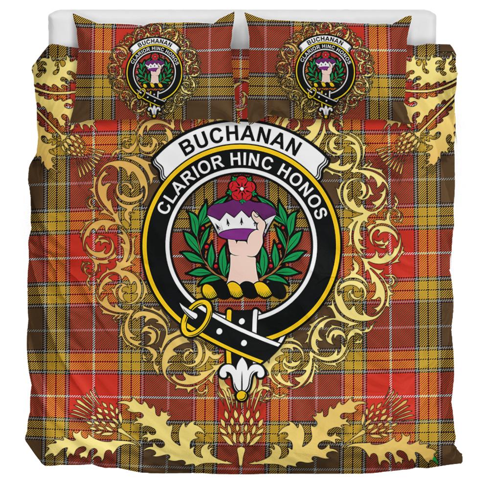 Buchanan Old Set Weathered Tartan Crest Bedding Set - Golden Thistle Style