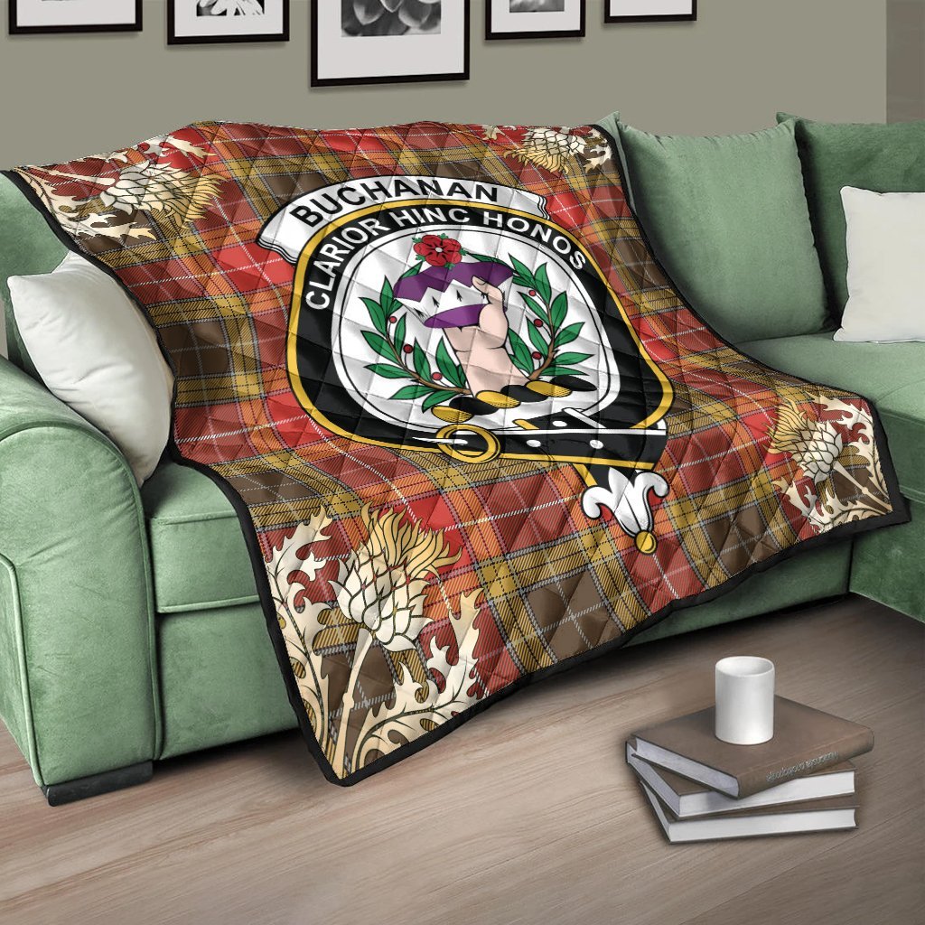 Buchanan Old Set Weathered Tartan Crest Premium Quilt - Gold Thistle Style