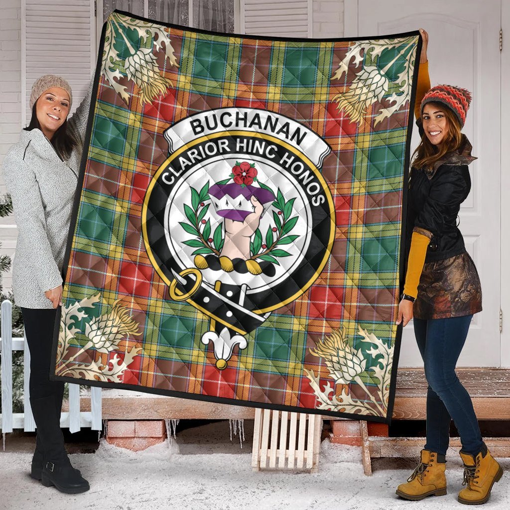 Buchanan Old Sett Tartan Crest Premium Quilt - Gold Thistle Style