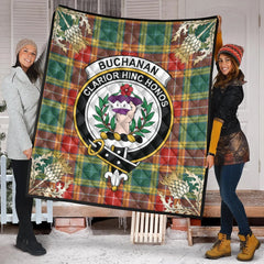 Buchanan Old Sett Tartan Crest Premium Quilt - Gold Thistle Style