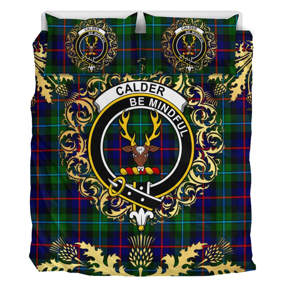 Calder Modern Tartan Crest Bedding Set - Golden Thistle Style