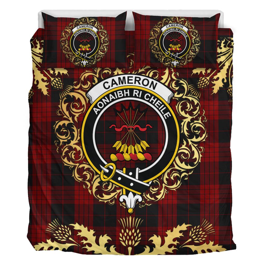 Cameron Black and Red Tartan Crest Bedding Set - Golden Thistle Style