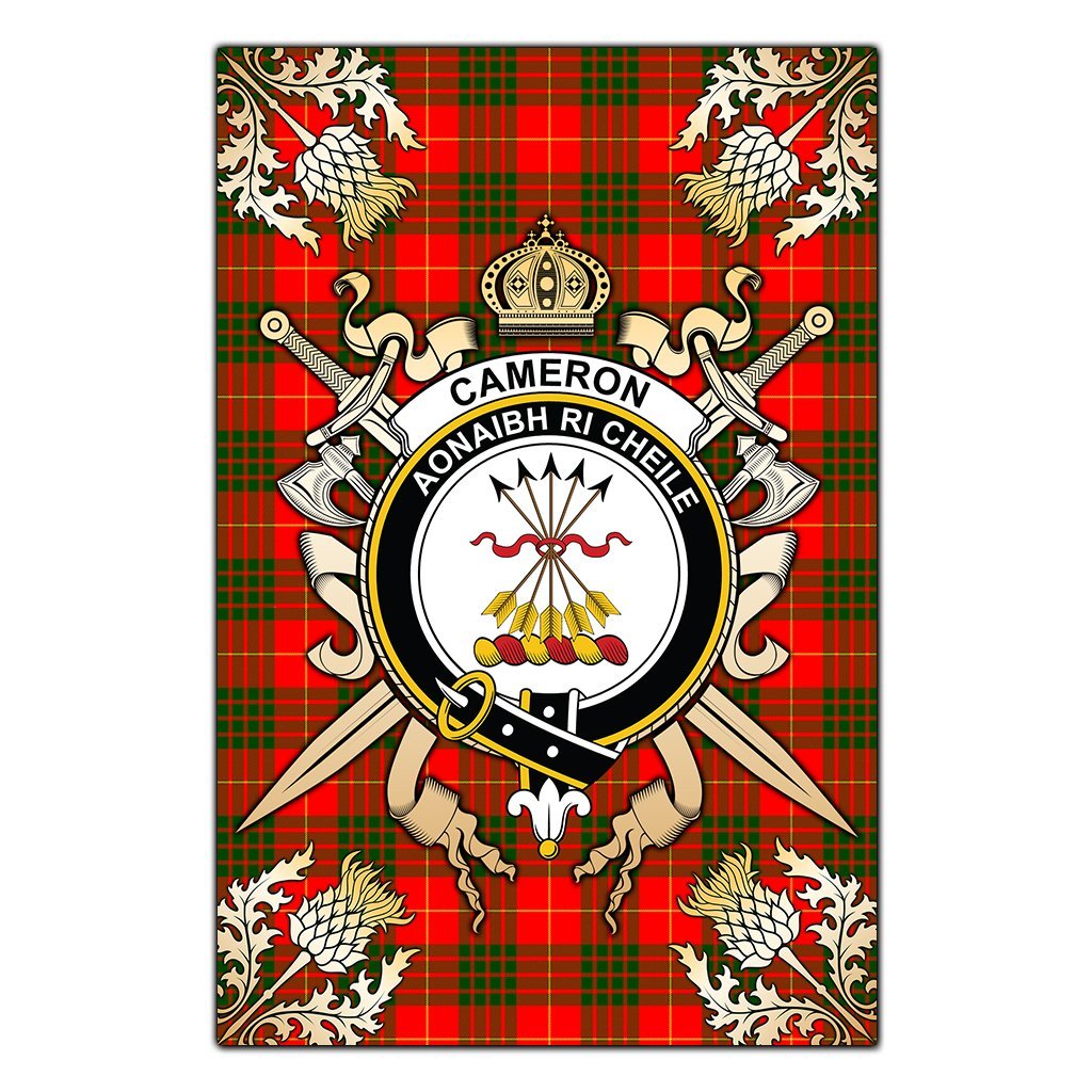Cameron Modern Tartan Crest Black Garden Flag - Gold Thistle Style