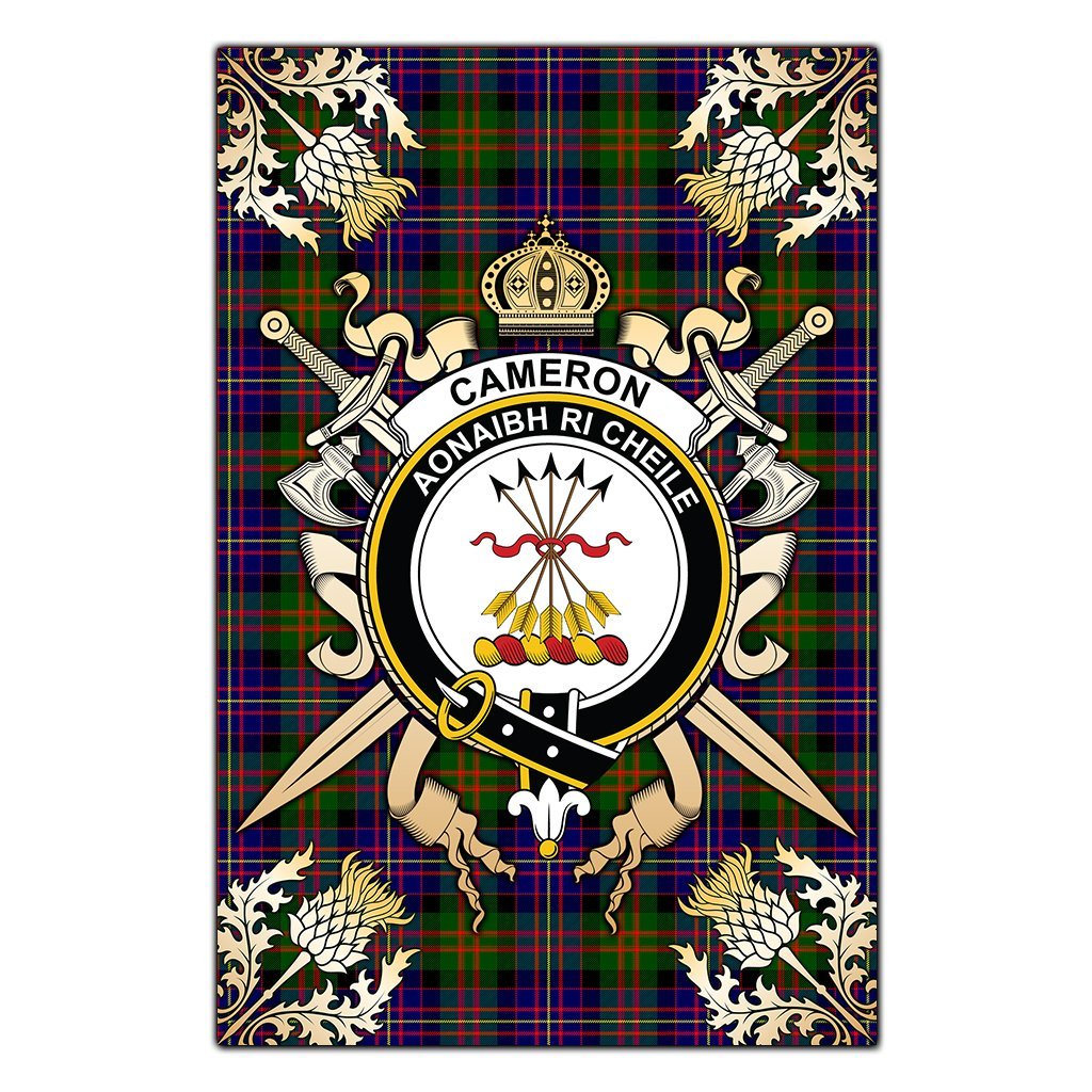 Cameron Of Erracht Modern Tartan Crest Black Garden Flag - Gold Thistle Style