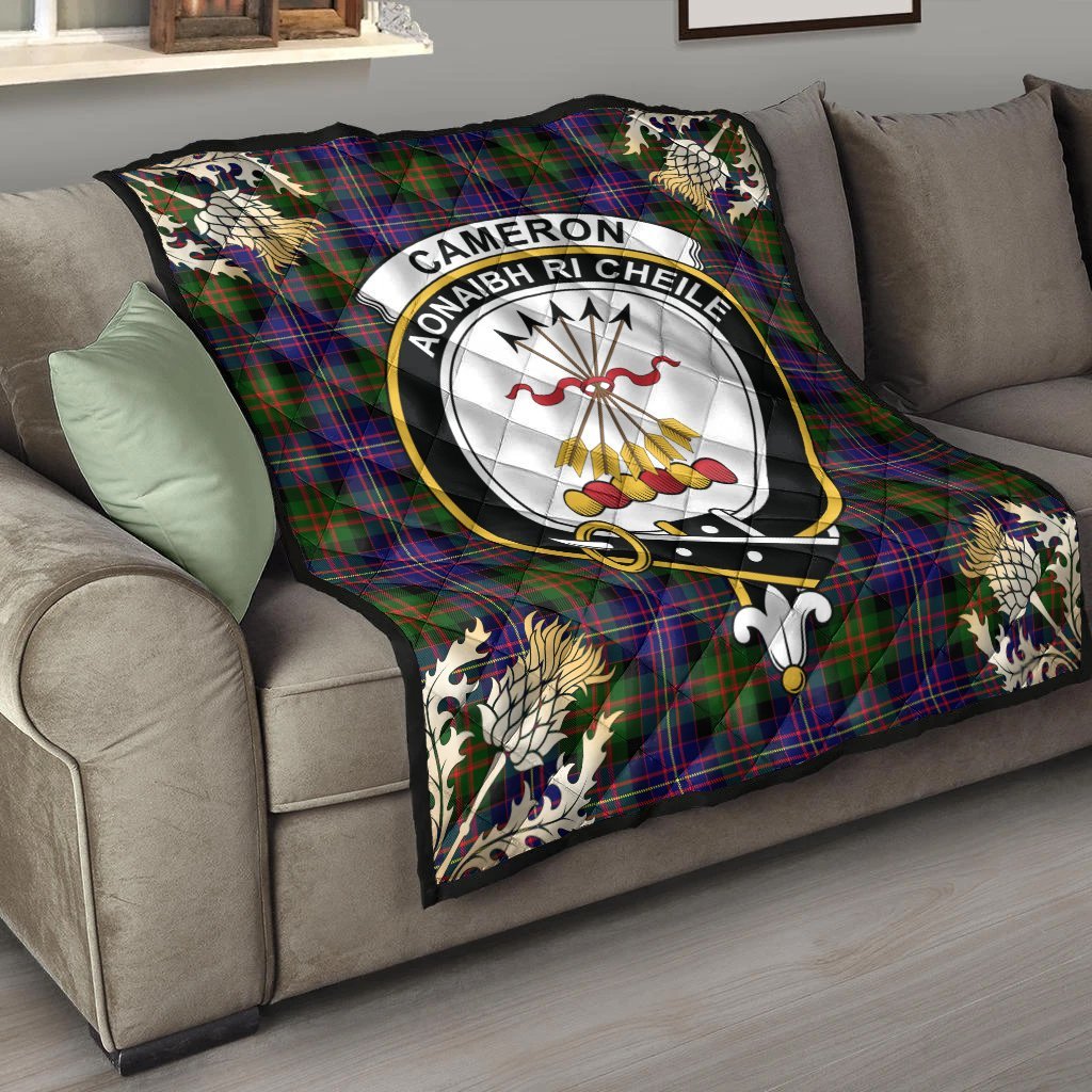 Cameron of Erracht Modern Tartan Crest Premium Quilt - Gold Thistle Style