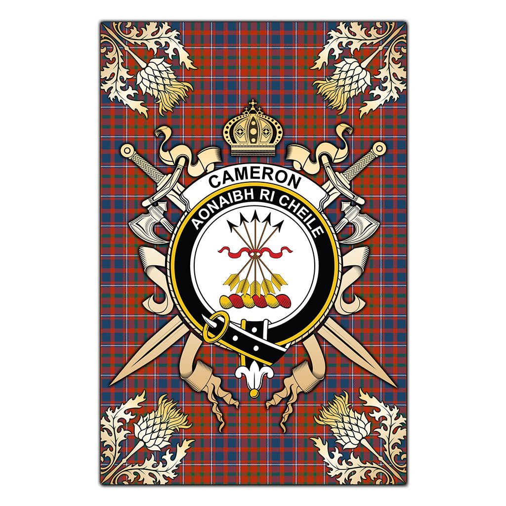 Cameron Of Lochiel Ancient Tartan Crest Black Garden Flag - Gold Thistle Style