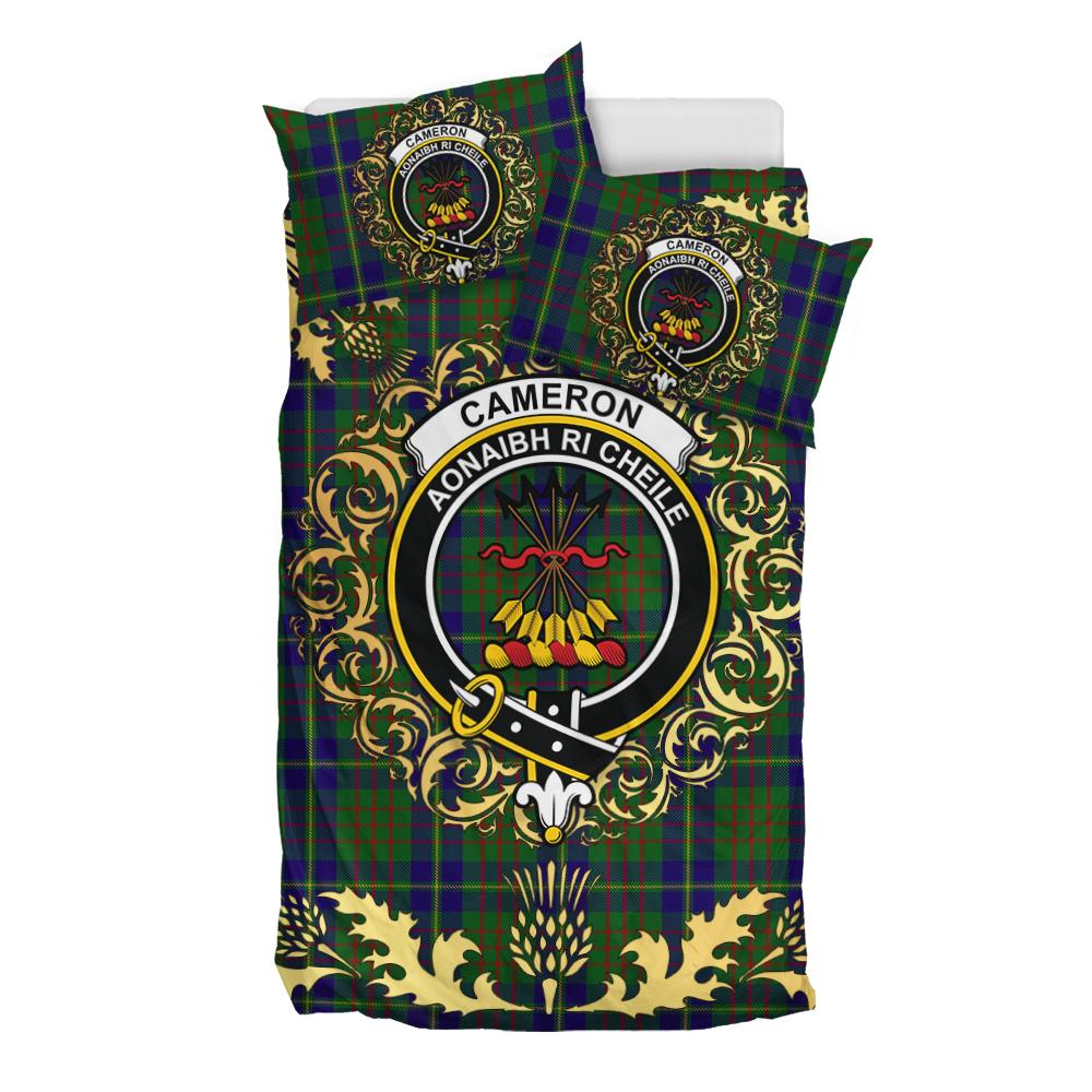 Cameron of Lochiel Hunting Tartan Crest Bedding Set - Golden Thistle Style