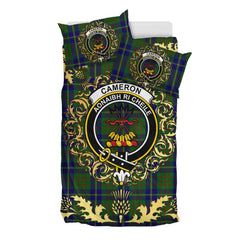 Cameron of Lochiel Hunting Tartan Crest Bedding Set - Golden Thistle Style