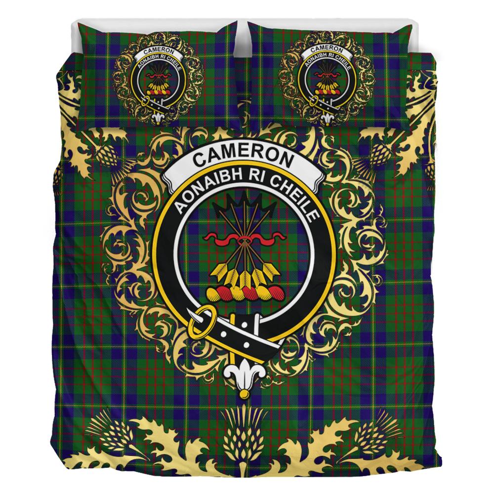 Cameron of Lochiel Hunting Tartan Crest Bedding Set - Golden Thistle Style