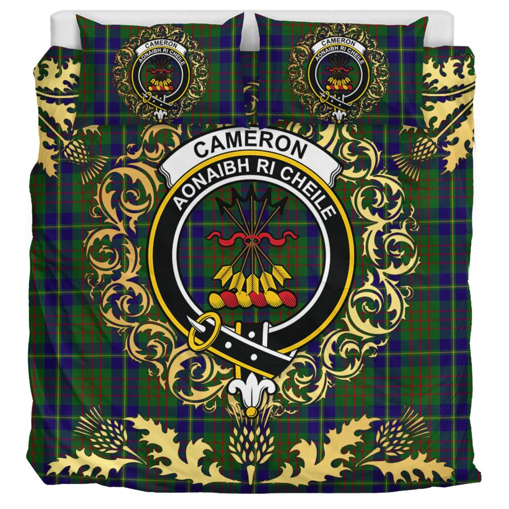 Cameron of Lochiel Hunting Tartan Crest Bedding Set - Golden Thistle Style
