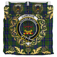 Cameron of Lochiel Hunting Tartan Crest Bedding Set - Golden Thistle Style