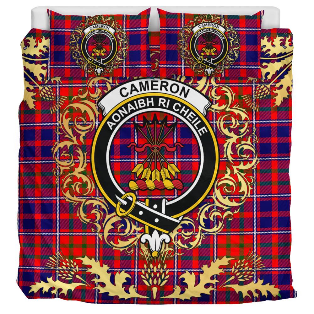 Cameron of Lochiel Modern Tartan Crest Bedding Set - Golden Thistle Style