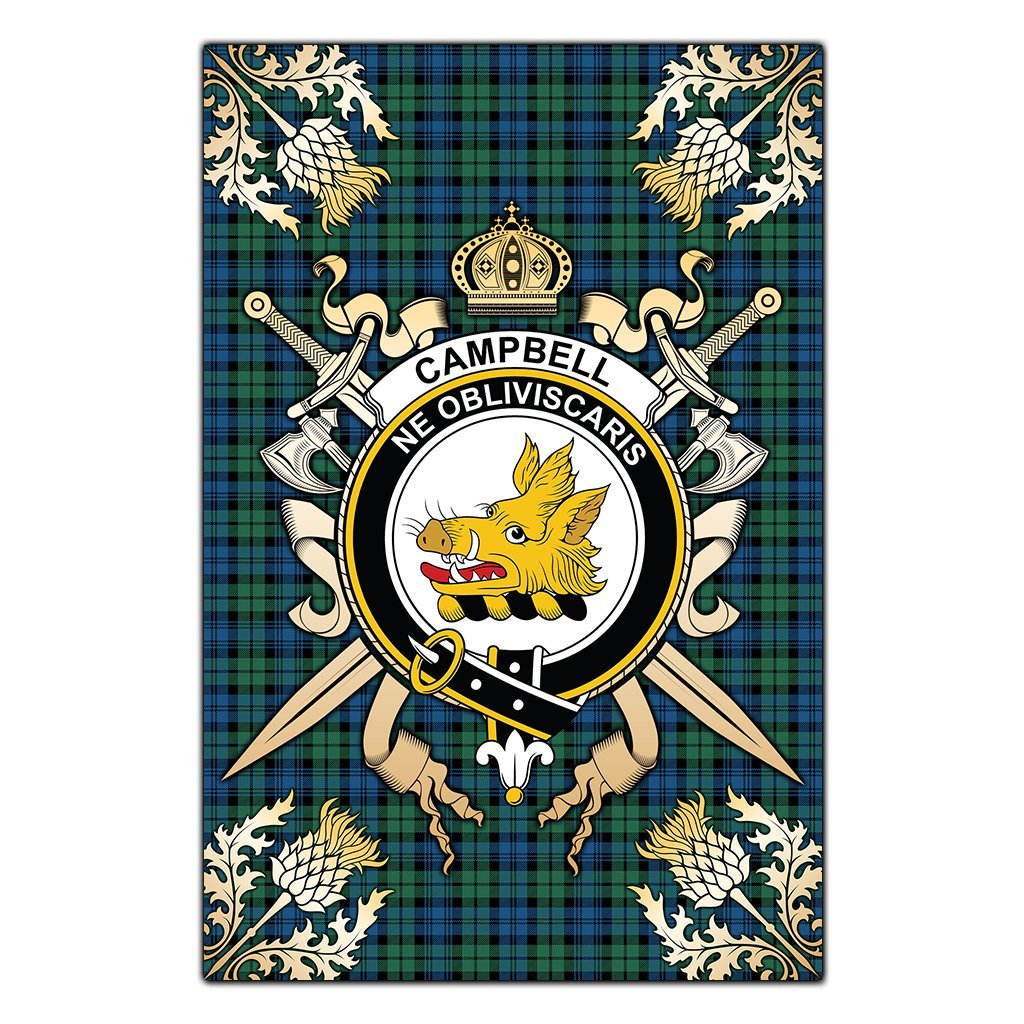 Campbell Ancient 02 Tartan Crest Black Garden Flag - Gold Thistle Style