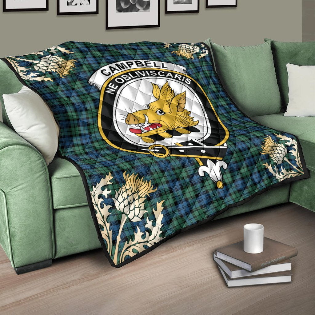 Campbell Ancient 02 Tartan Crest Premium Quilt - Gold Thistle Style