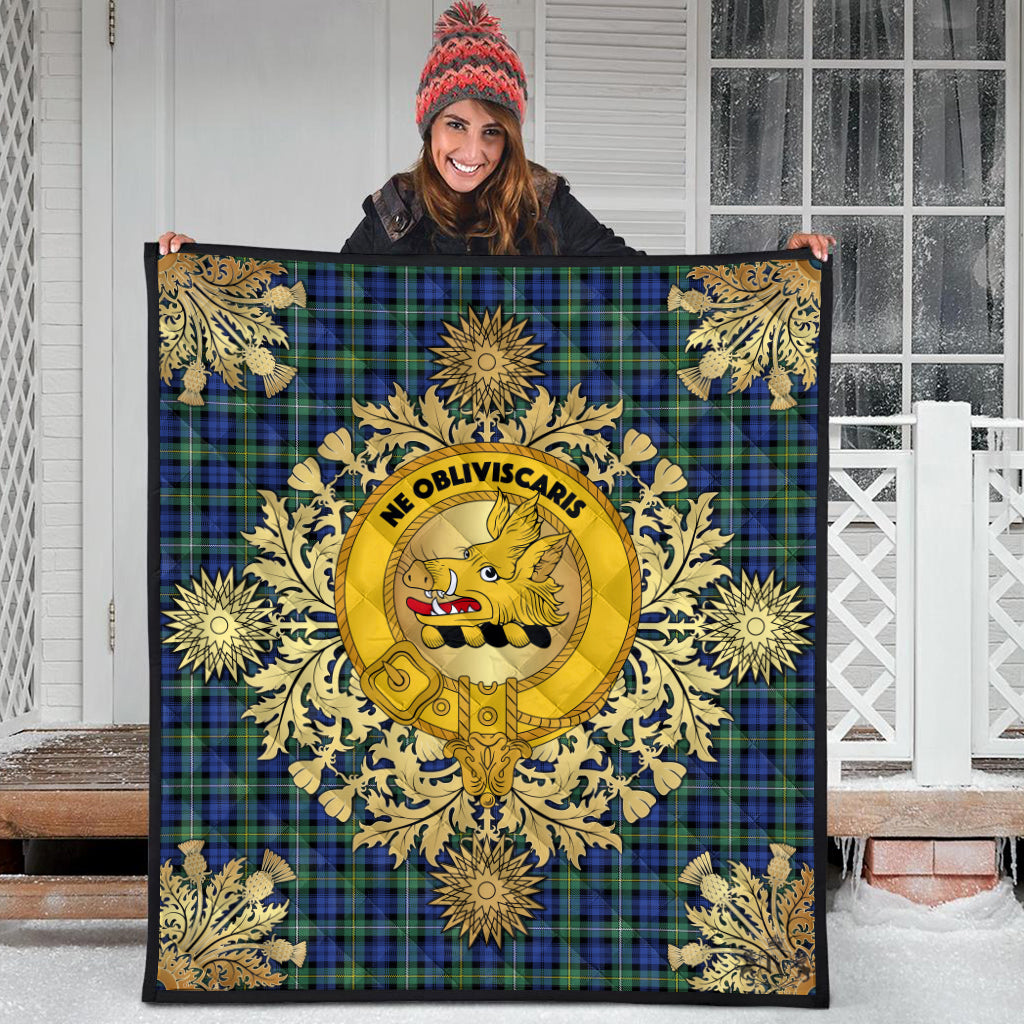 Campbell Argyll Ancient Tartan Crest Premium Quilt - Gold Thistle Style
