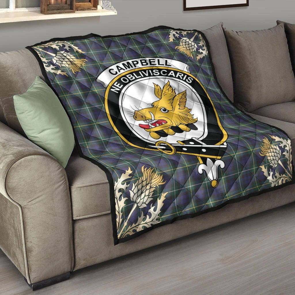 Campbell Argyll Modern Tartan Crest Premium Quilt - Gold Thistle Style