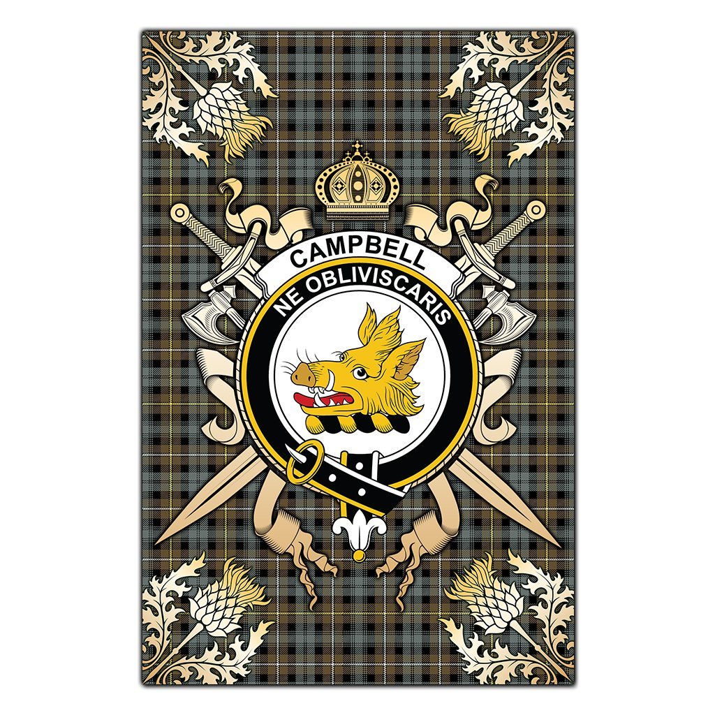 Campbell Argyll Weathered Tartan Crest Black Garden Flag - Gold Thistle Style