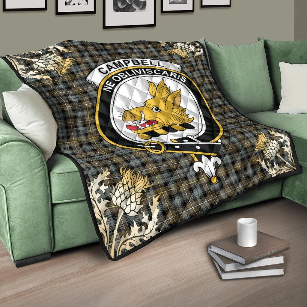 Campbell Argyll Weathered Tartan Crest Premium Quilt - Gold Thistle Style
