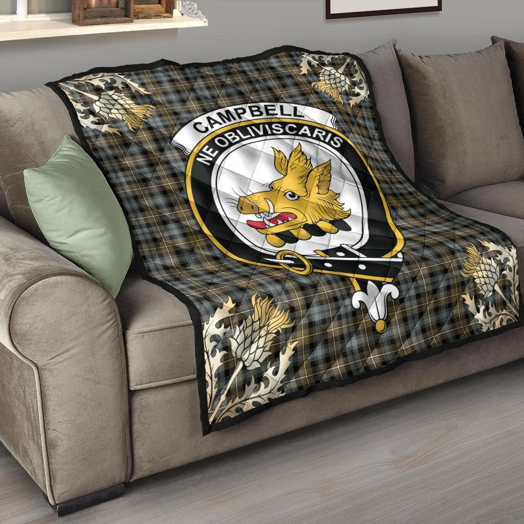 Campbell Argyll Weathered Tartan Crest Premium Quilt - Gold Thistle Style