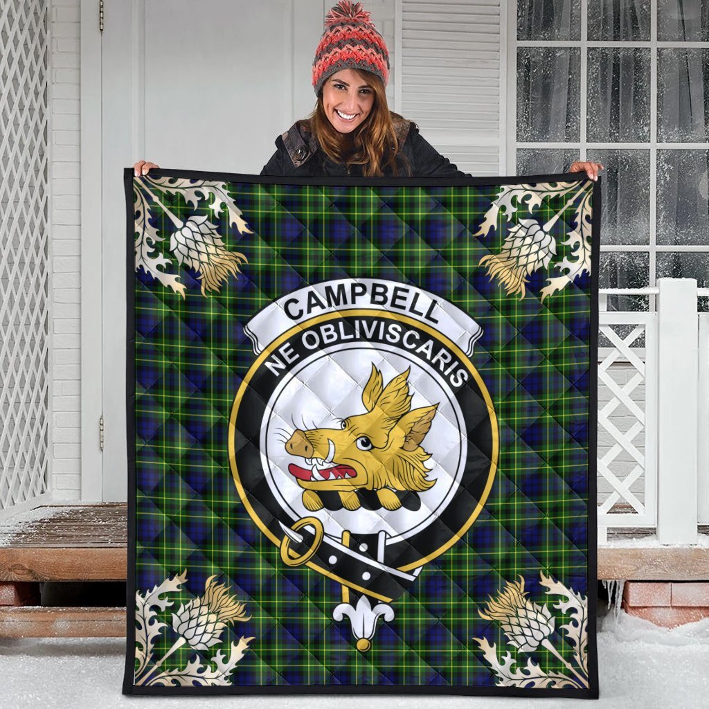 Campbell of Breadalbane Modern Tartan Crest Premium Quilt - Gold Thistle Style