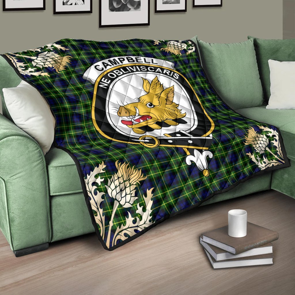 Campbell of Breadalbane Modern Tartan Crest Premium Quilt - Gold Thistle Style