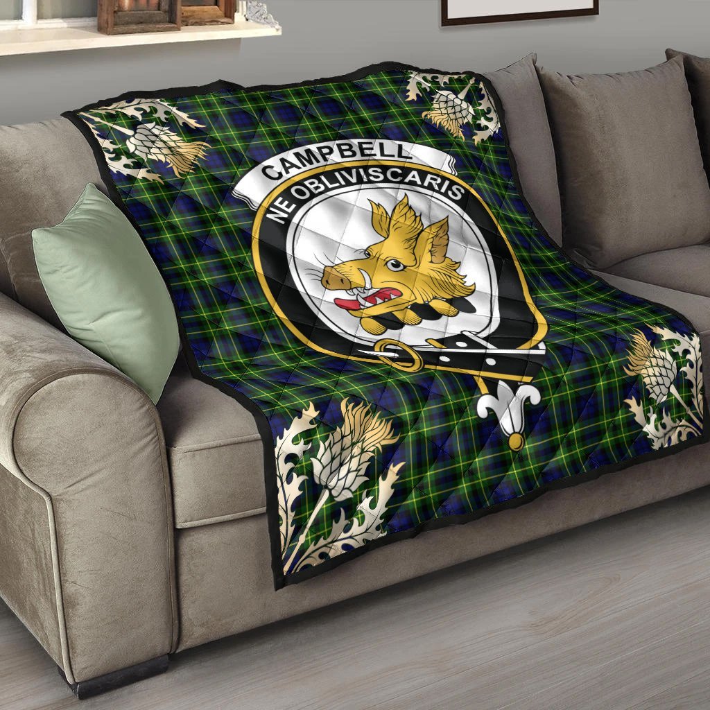 Campbell of Breadalbane Modern Tartan Crest Premium Quilt - Gold Thistle Style