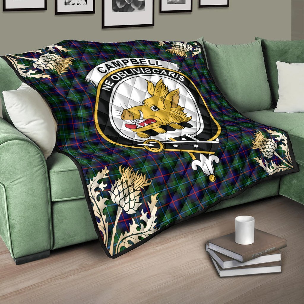 Campbell of Cawdor Modern Tartan Crest Premium Quilt - Gold Thistle Style