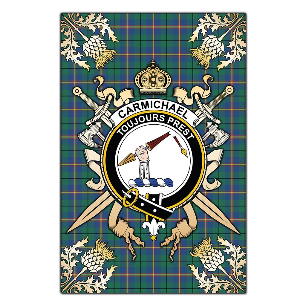 Carmichael Ancient Tartan Crest Black Garden Flag - Gold Thistle Style