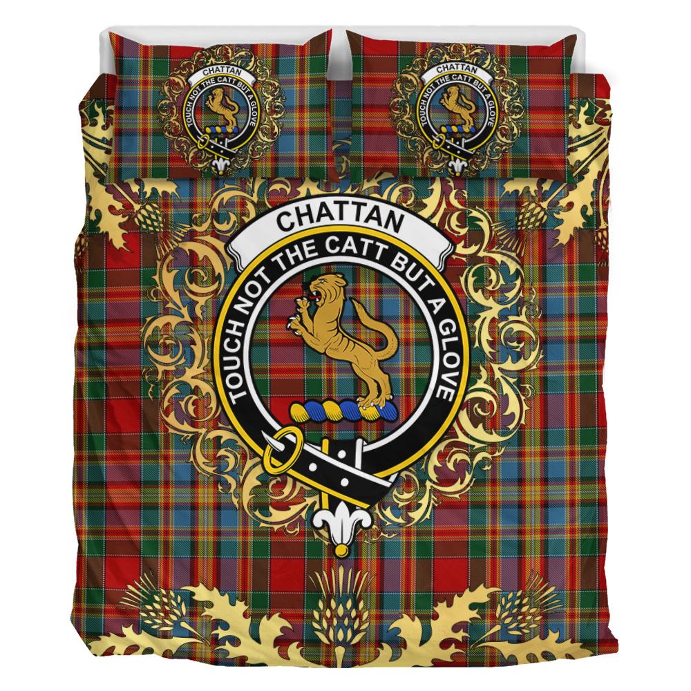 Chattan (brown stripe) Tartan Crest Bedding Set - Golden Thistle Style