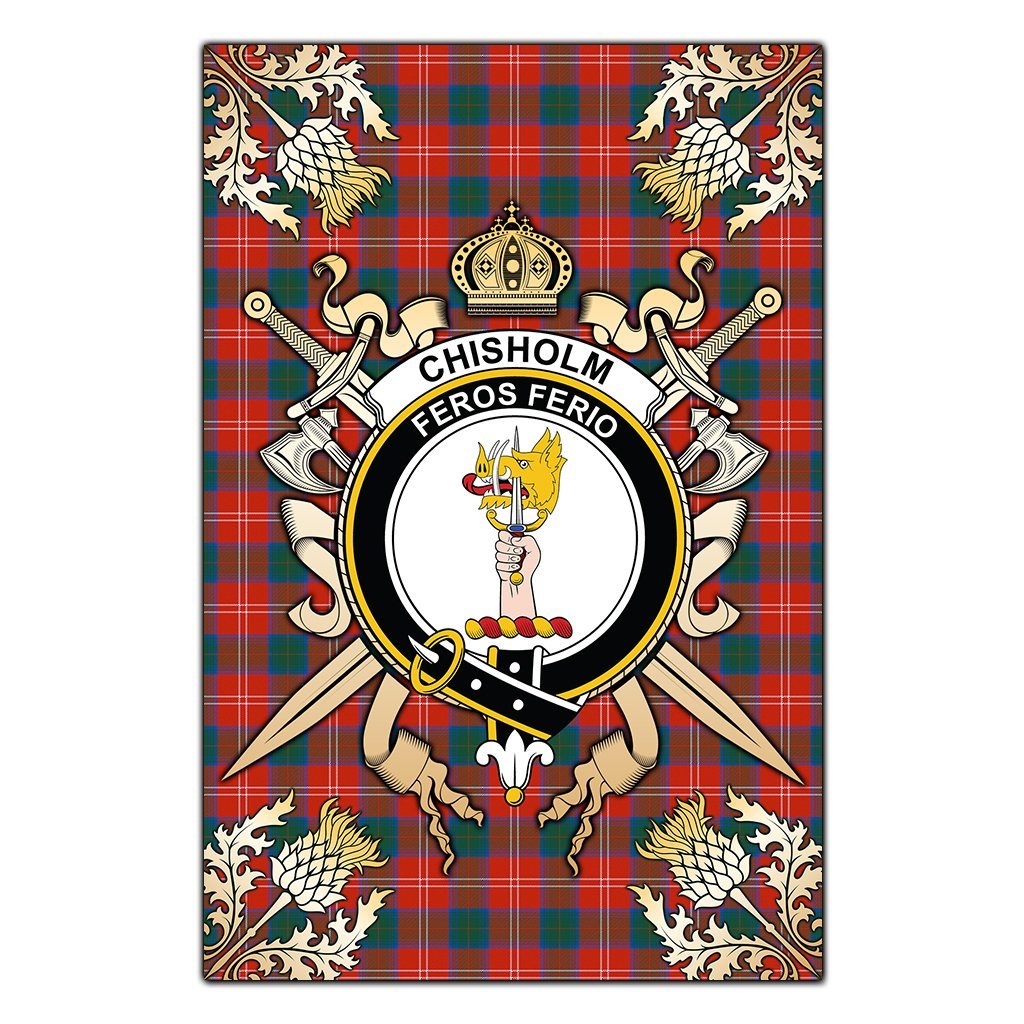 Chisholm Ancient Tartan Crest Black Garden Flag - Gold Thistle Style