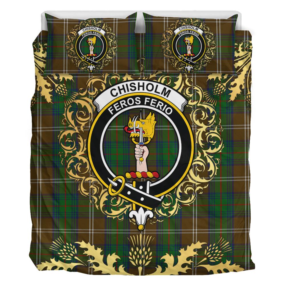 Chisholm Hunting Tartan Crest Bedding Set - Golden Thistle Style
