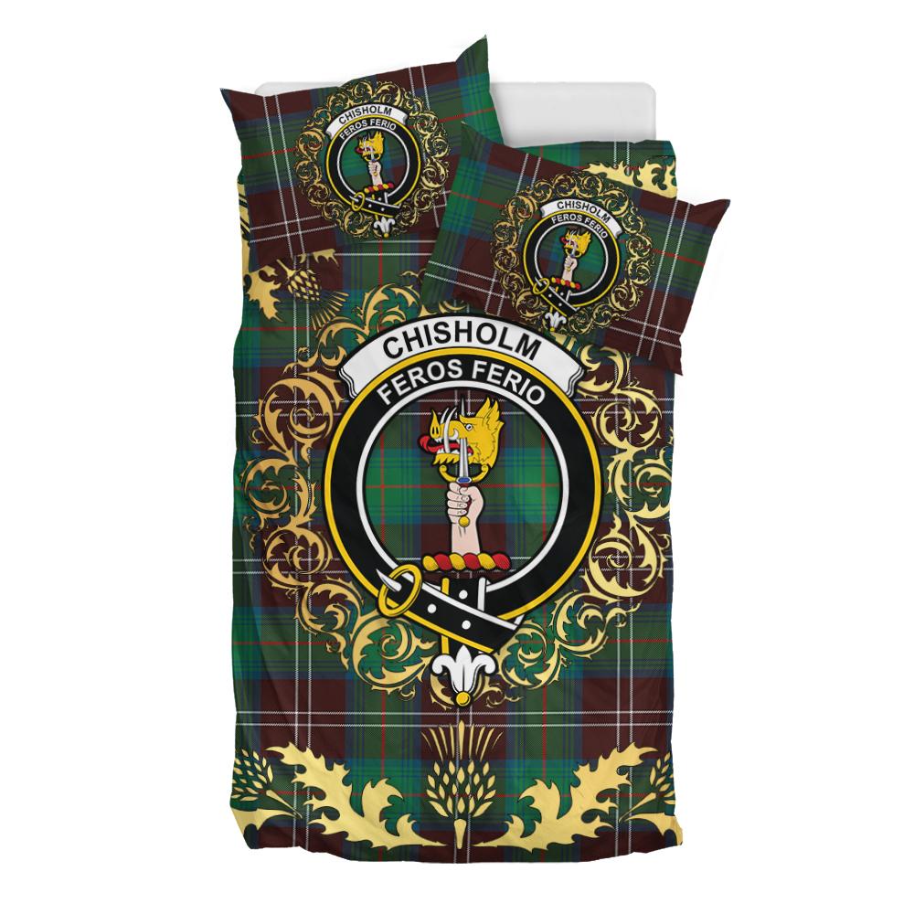 Chisholm Hunting Ancient Tartan Crest Bedding Set - Golden Thistle Style