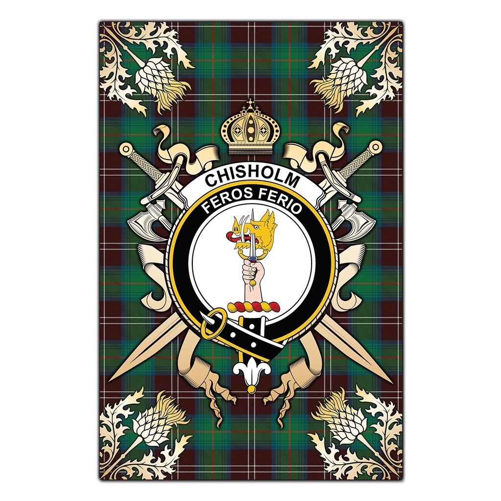 Chisholm Hunting Ancient Tartan Crest Black Garden Flag - Gold Thistle Style