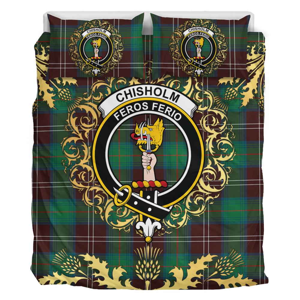 Chisholm Hunting Ancient Tartan Crest Bedding Set - Golden Thistle Style
