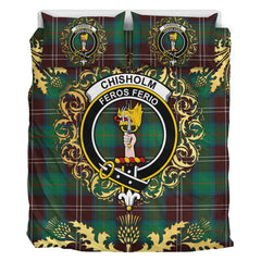 Chisholm Hunting Ancient Tartan Crest Bedding Set - Golden Thistle Style