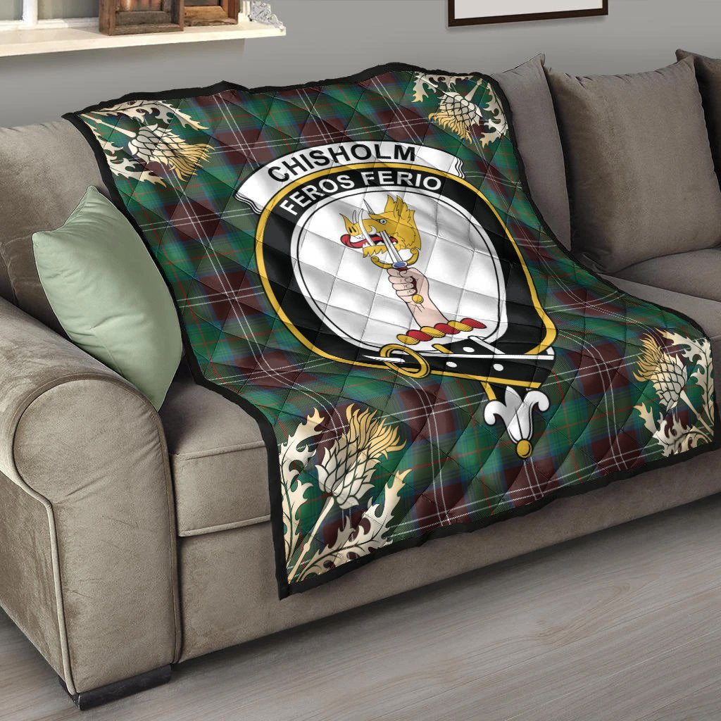 Chisholm Hunting Ancient Tartan Crest Premium Quilt - Gold Thistle Style