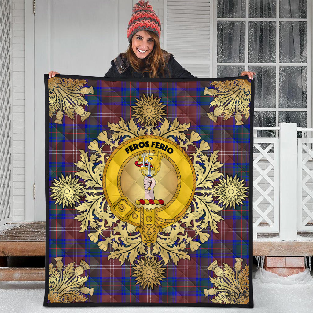Chisholm Hunting Modern Tartan Crest Premium Quilt - Gold Thistle Style