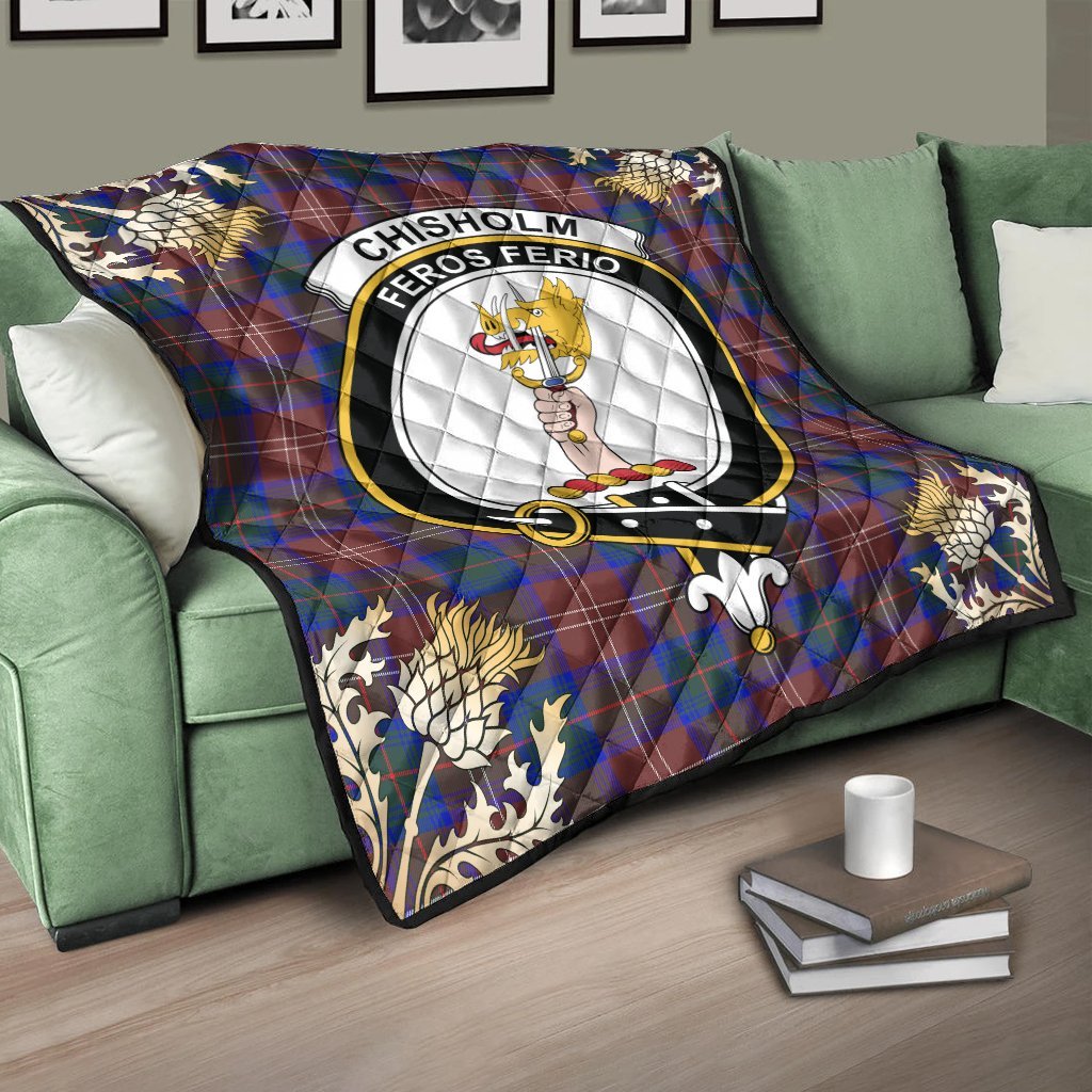 Chisholm Hunting Modern Tartan Crest Premium Quilt - Gold Thistle Style