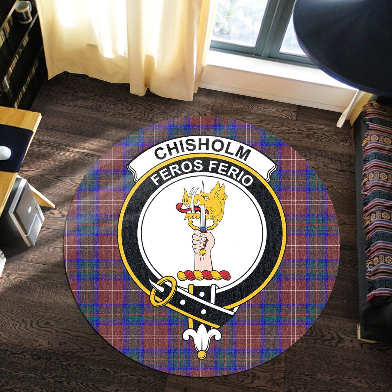 Chisholm Hunting Modern Tartan Crest Round Rug