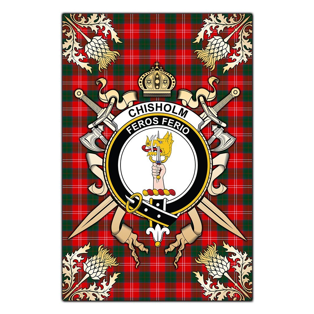 Chisholm Modern Tartan Crest Black Garden Flag - Gold Thistle Style