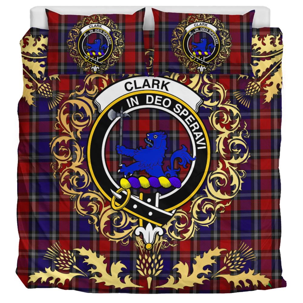Clark (Lion) Red Tartan Crest Bedding Set - Golden Thistle Style