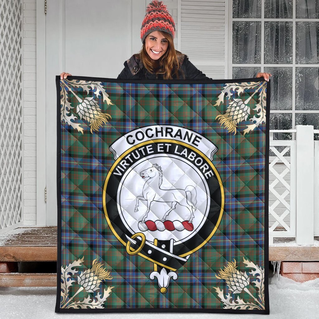 Cochrane Ancient Tartan Crest Premium Quilt - Gold Thistle Style