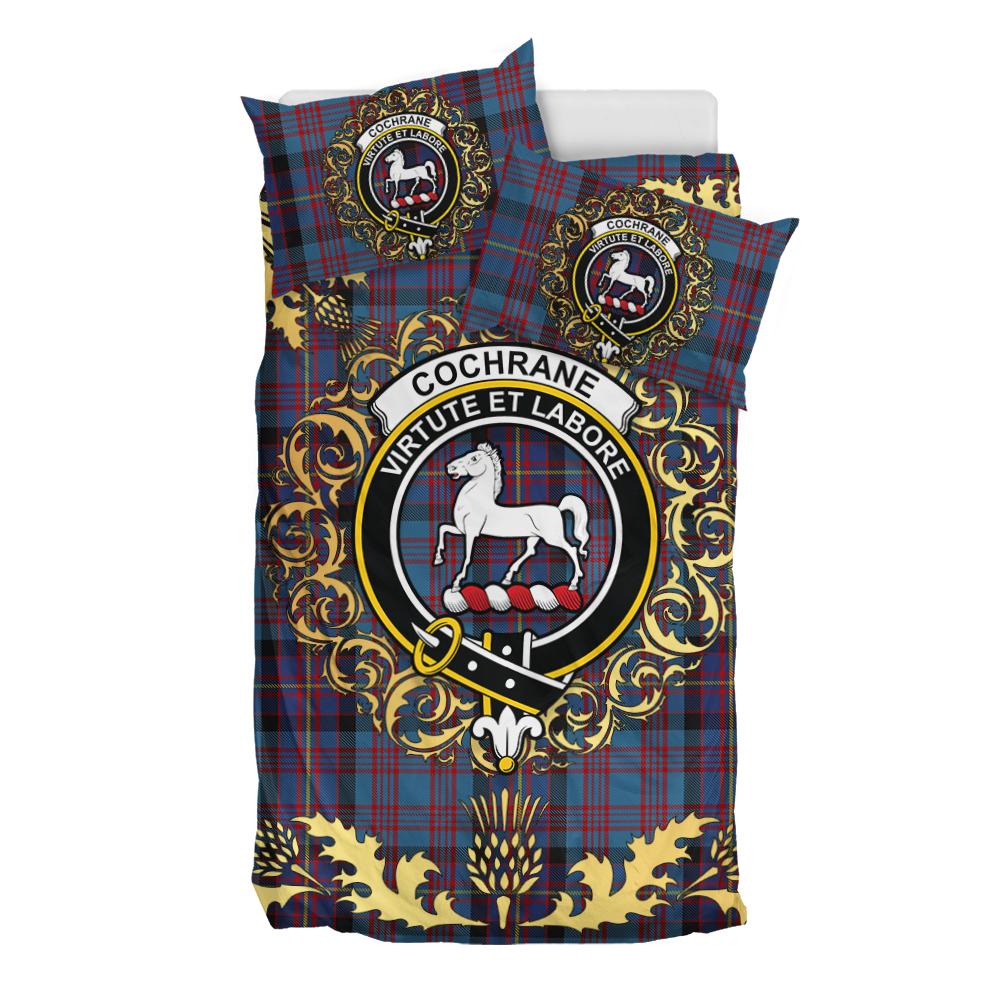 Cochrane Azure Tartan Crest Bedding Set - Golden Thistle Style