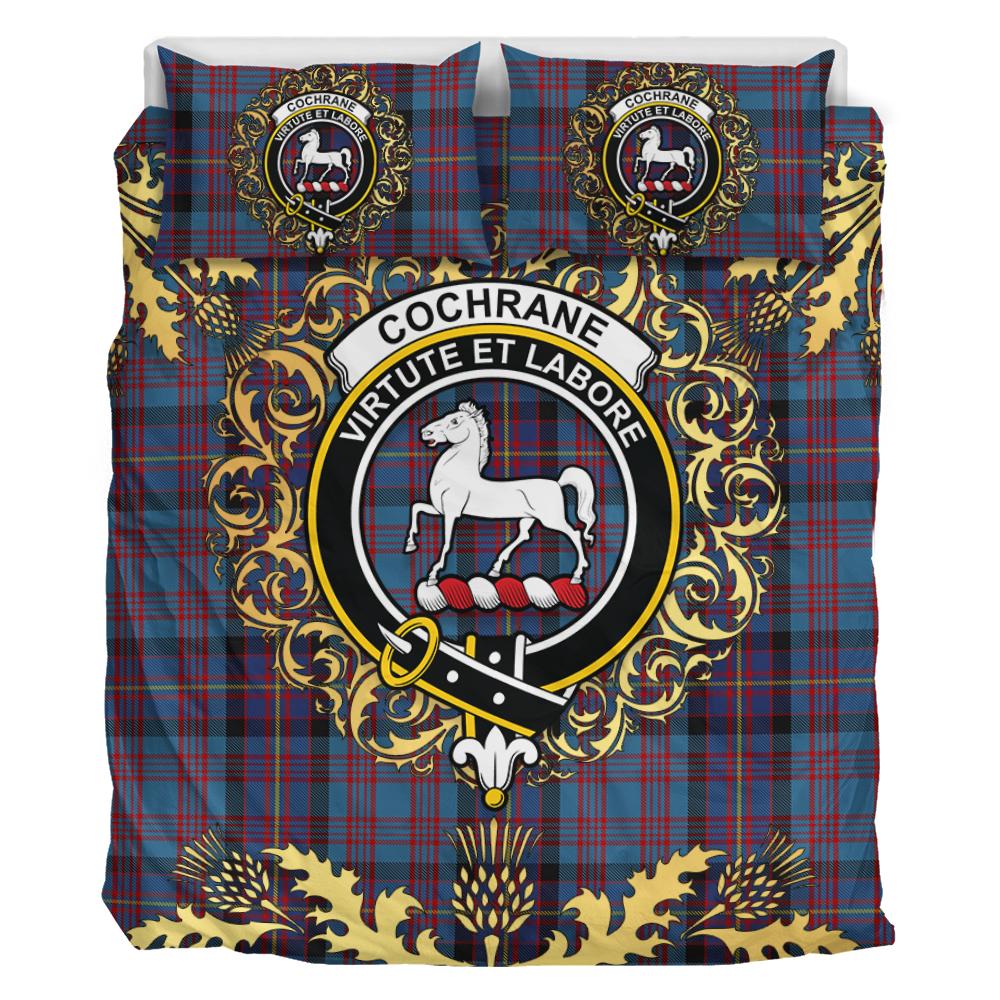 Cochrane Azure Tartan Crest Bedding Set - Golden Thistle Style