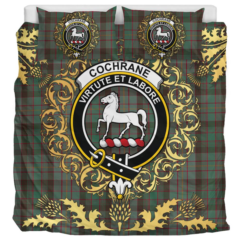 Cochrane Hunting Tartan Crest Bedding Set - Golden Thistle Style