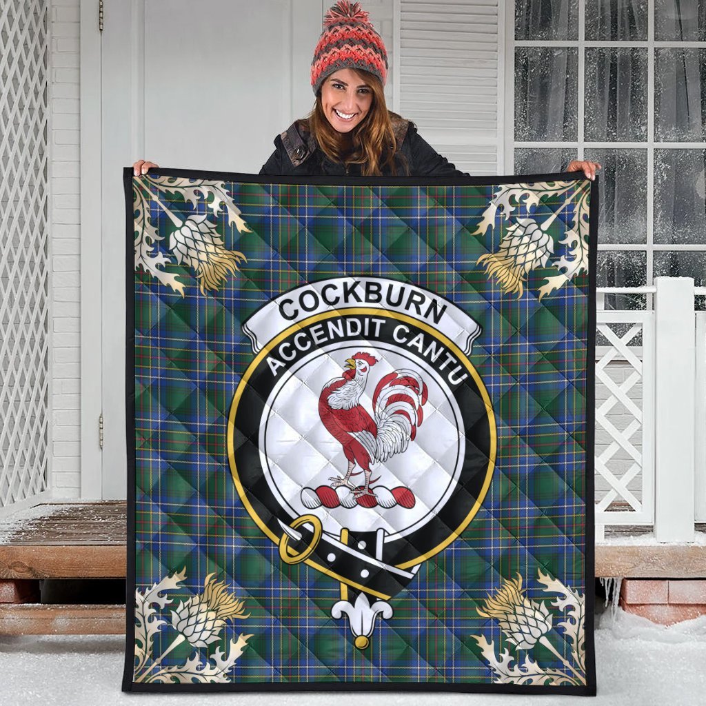 Cockburn Ancient Tartan Crest Premium Quilt - Gold Thistle Style
