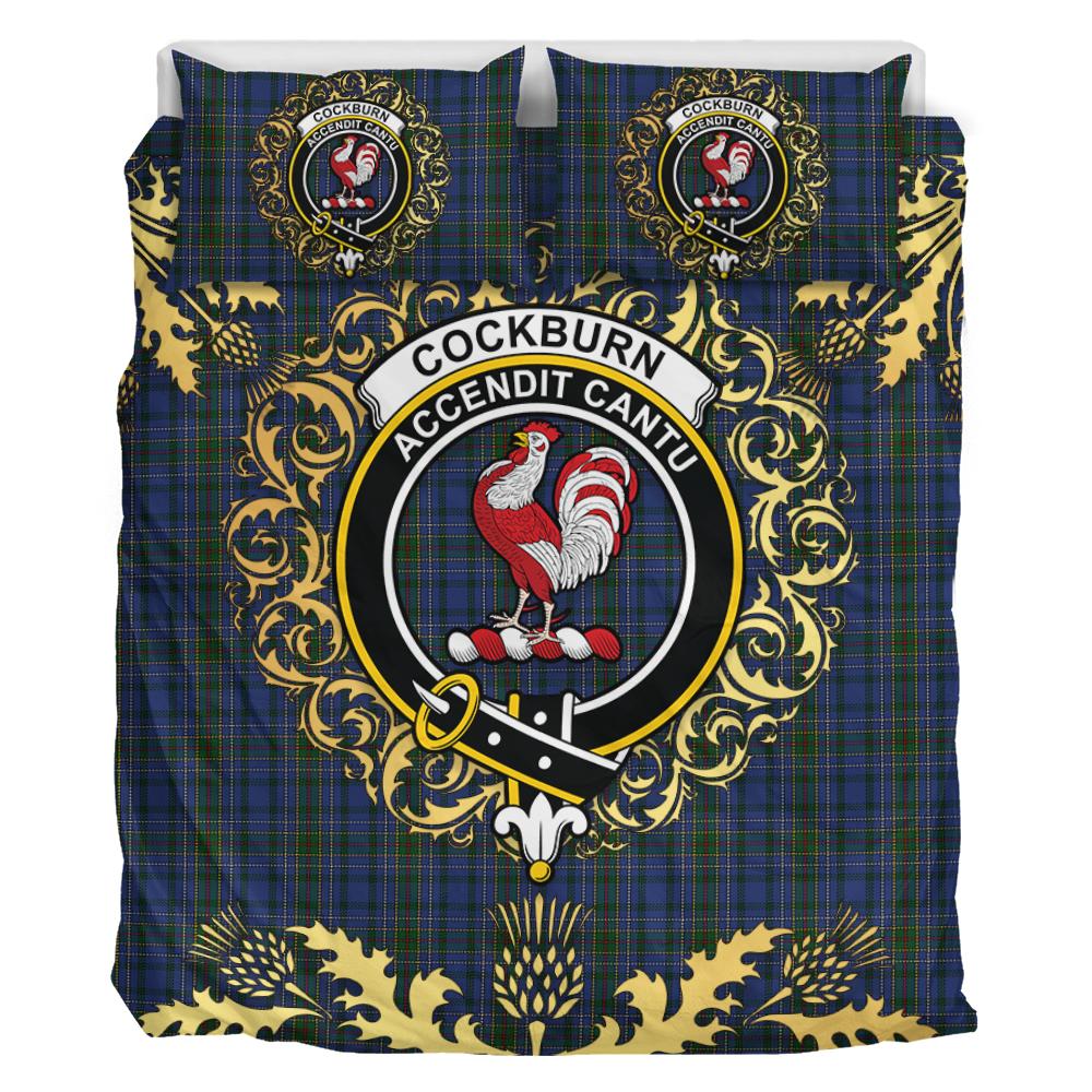 Cockburn Blue Tartan Crest Bedding Set - Golden Thistle Style
