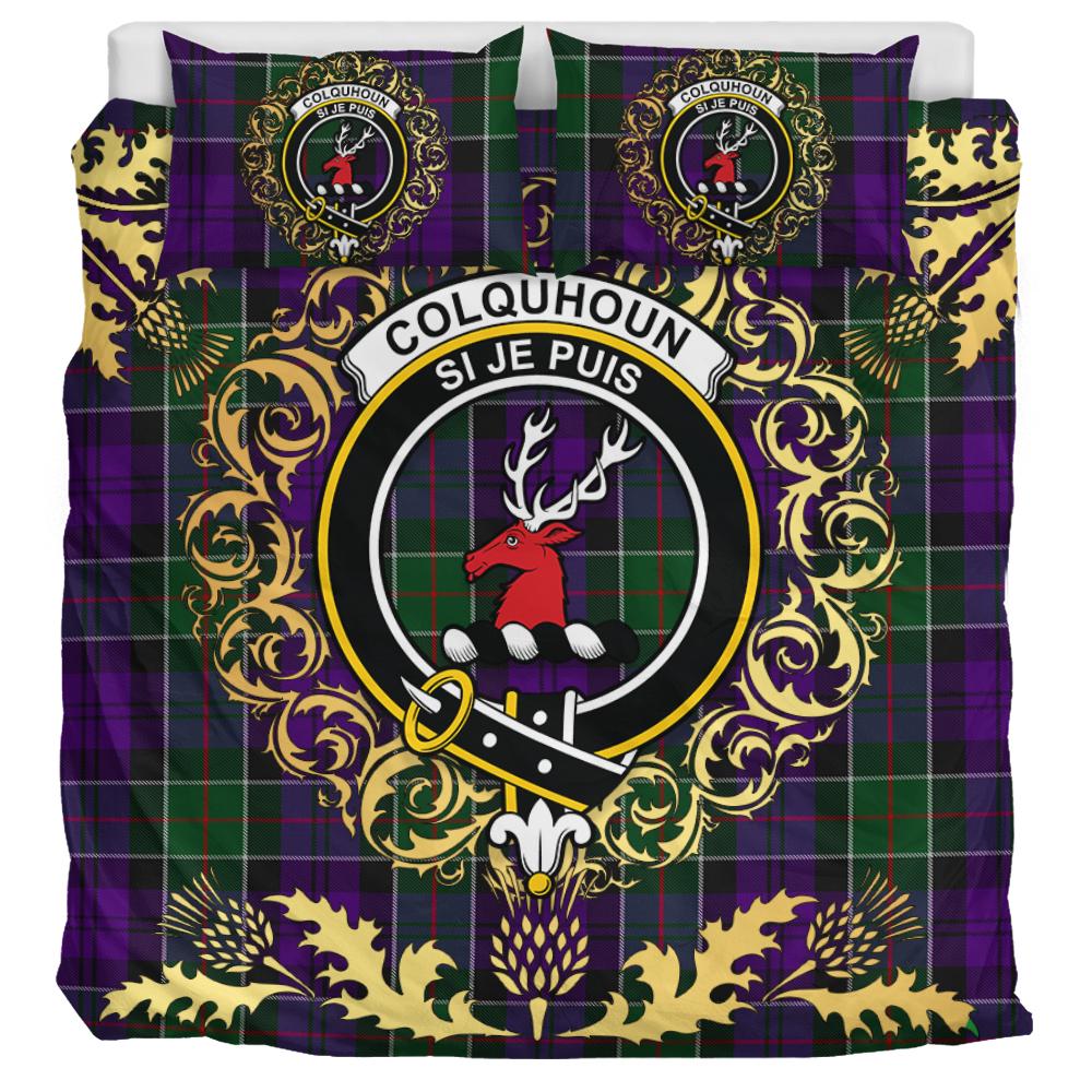 Colquhoun 03 Tartan Crest Bedding Set - Golden Thistle Style
