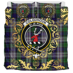 Colquhoun Dress Tartan Crest Bedding Set - Golden Thistle Style