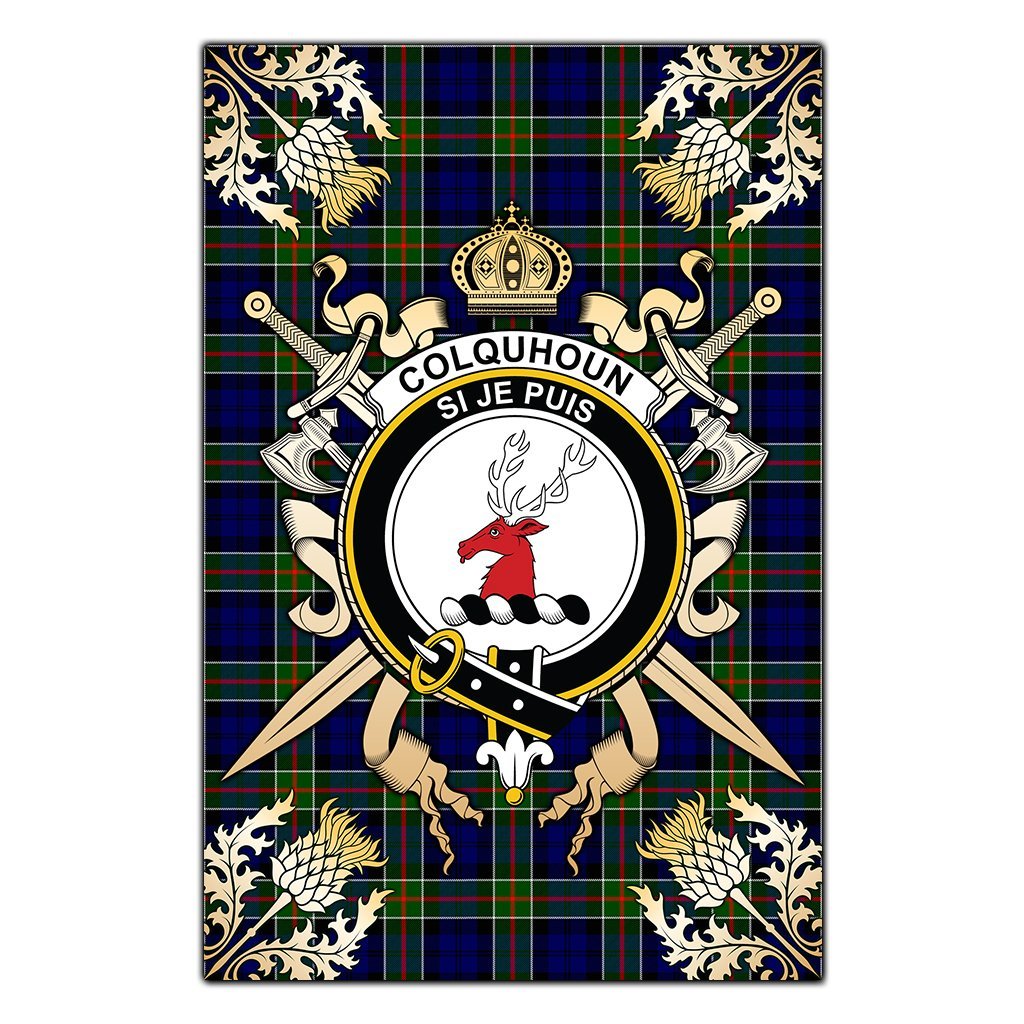 Colquhoun Modern Tartan Crest Black Garden Flag - Gold Thistle Style
